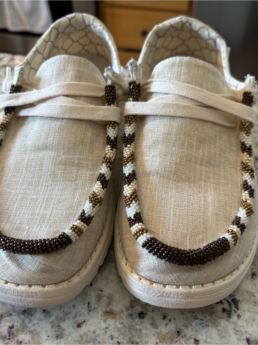 Hey Dude Cream Linen Slip-Ons with Beaded Trim